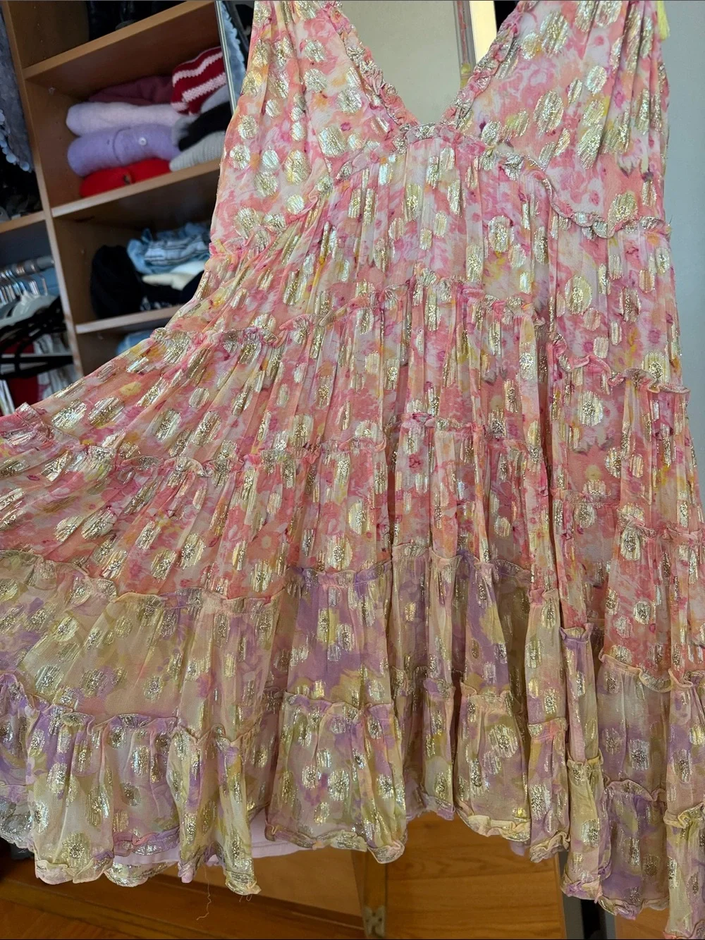 Pink Shimmer Floral Tie-Shoulder Sundress with Yellow Tassels